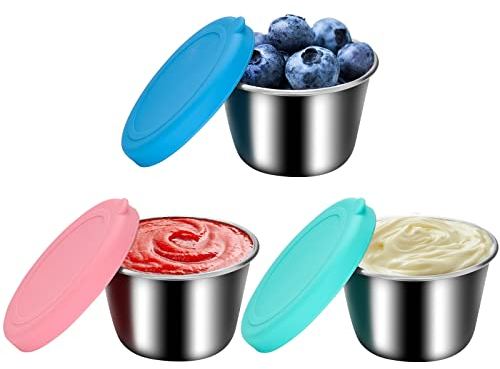 Soleebee Lebensmittelbehälter Set mit Deckel, 3x70ml Edelstahl Salatdressing Behälter Kleine Gewürzbehälter Snackbox Wiederverwendbar Auslaufsichere Frischhaltedosen für Dips und Gewürze (Stil A)