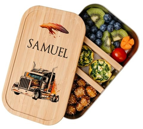 Manufaktur Liebevoll - Personalisierte Brotdose mit Fächern, Edelstahl Lunchbox mit Bambus Deckel u. Trenner, Nachhaltige Brotbüchse | Mädchen, Jungen (Motiv Truck, Weißblech | Größe S)