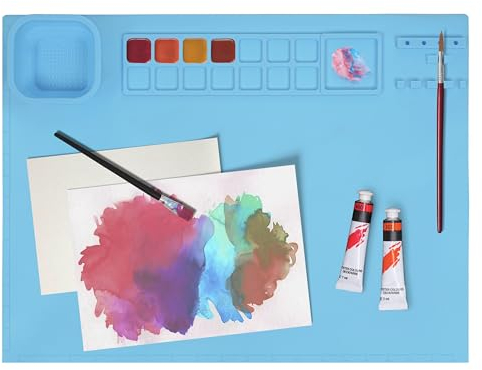 Winter Shore Tappetino Silicone Pittura Blu - Tappetino da Lavoro Tazza Magnetica Pieghevole, Tavolozza, Pozzetto, Porta Pennelli, Righelli - Tovaglietta Per Dipingere Bambini Antiscivolo - 50 x 40cm