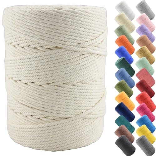 3mm x 600m Makramee Schnur Baumwollschnur - 4 Stränge gedrehte Naturschnur für Wandbehang, Pflanzenaufhänger, Basteln, Stricken