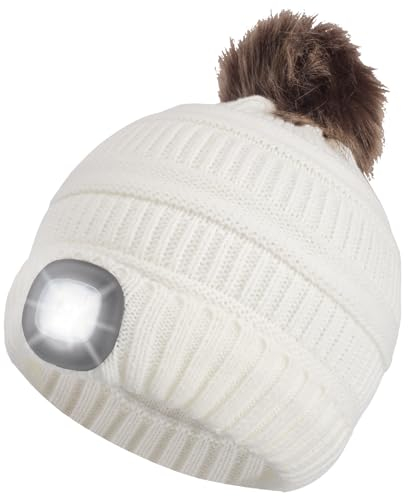 Beanie Mütze mit LED Licht, USB Wiederaufladbare Strickmütze mit 4 LED Licht, Winter Wärmer Beleuchtete Mütze mit Taschenlampe, Weihnachten Festival Geschenke für Mädchen, Jungen, Kinder - Weiß