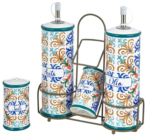 Baroni Home Ensemble de Table en Céramique pour Vinaigre Huile Poivre et Sel, Ménage de Cuisine, Set de Table Huile Sel Poivre et Vinaigre, Ligne Capri, 21x8x22 cm