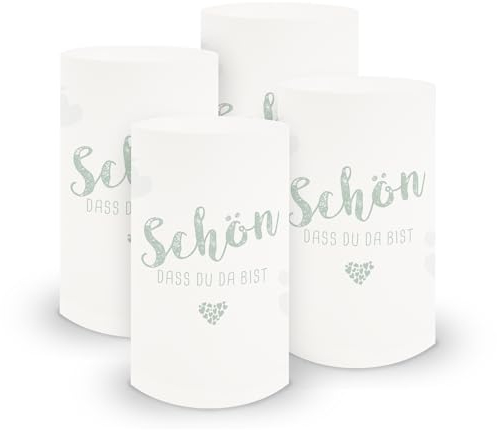 itenga 6x Windlicht Tischlicht aus Folie I Schön dass du da bist I ca 6cm Durchmesser 10cm hoch I ideal als Tischdeko für jede Feierlichkeit I geeignet für Teelichter oder LED-Kerzen (eukalyptus grün)