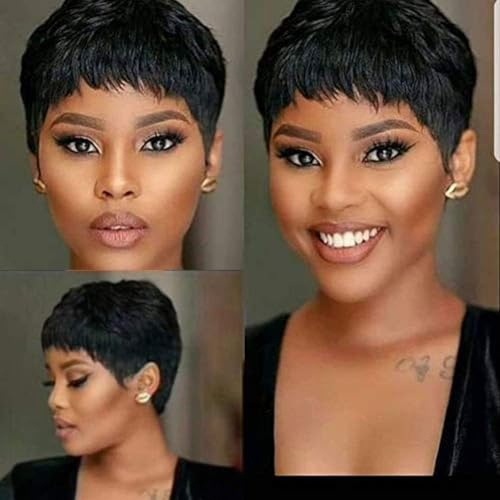 Fereowth Courte Pixie Perruque Femme Naturelle Perruque Courte en Cheveux Humains Short Human Hair Wig Droit Brésilienne Couche Cheveux avec Frange Perruques (Noir)