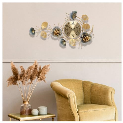 KHCCJP Grande orologio da parete Ginkgo Leaf in stile vintage in metallo silenzioso senza tick alimentato a batteria soggiorno arredamento camera da letto (A, 83 * 48cm)