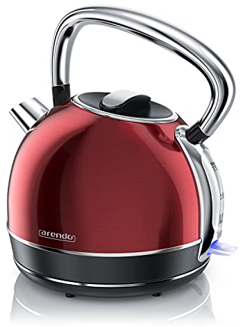 Arendo - Bollitore elettrico vintage in acciaio inox - L'Originale Arendo - 2200 watt - 1,7 litri - Spegnimento automatico - Indicatore laterale di livello acqua - Riempibile dal beccuccio - Rosso