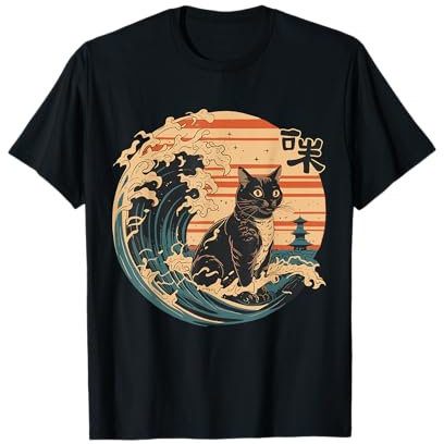 Chat noir drôle art japonais The Great Wave off Kanagawa Cat T-Shirt