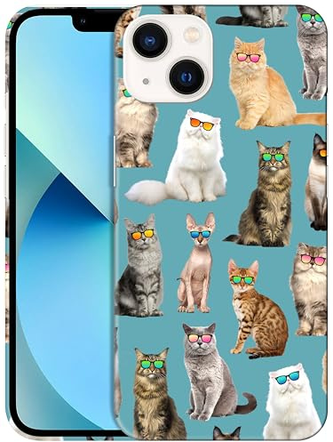 GlamCase for iPhone 13 Mini, iPhone 13 Mini Case - Cat Pattern With Sunglasses Teal Design Printed Slim Fit Cute Plastic Hard Protective Designer Back Phone Case/Cover for iPhone 13 Mini.