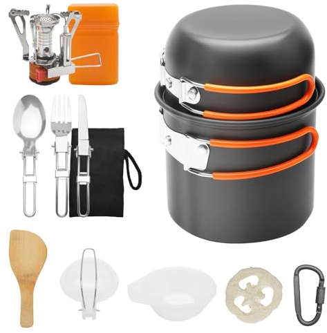 HENGBIRD Juego de Vajilla y Cocina Plegable para Camping - Cubiertos de Acero Inoxidable y Ollas para Cocina de Gas
