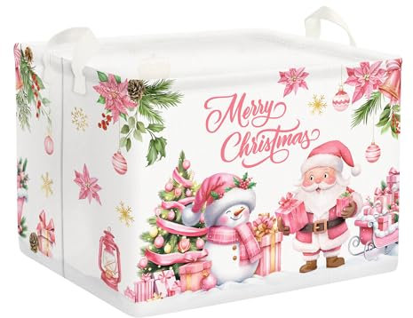 Clastyle 36L Groß Weihnachtsmann Schneemann Weihnachten Rosa Kinder Aufbewahrungskorb mit Henkel Rechteckig Baum Frohe Schlitten Spielzeug Kleidung Aufbewahrungsbox für Kinderzimmer Bad