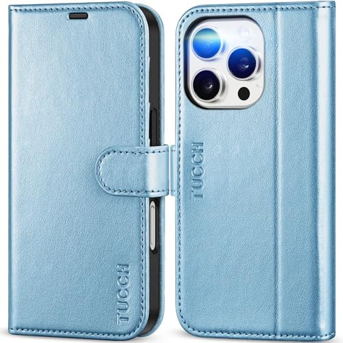 TUCCH PU Leather Case for iPhone 16 Pro Max (6.9) 2024, Magnetic Wallet Folio Cover with[Kickstand][RFID Blocking][Shockproof TPU][Card Holders] Compatible with iPhone16 Pro Max, Shiny Light Blue