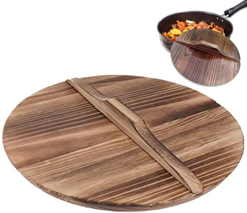 BEAHING Wok Lid, 14 inch Natural Wooden Wok Cover, Anti-scalding Pot Lid, Replacement Round Pot Cover with Handle for Kitchen Camping Picnic Wok Lid