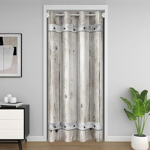 Loussiesd Rural Barn Door Curtain 86X203Cm For Door Privacy Wood Grain Texture Art Printing Closet Curtain Blackout Curtain Farm Decoration Gray White Curtain Indoor Bedroom