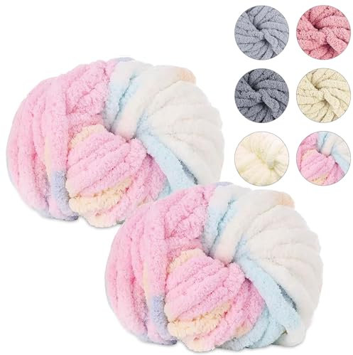 Chunky Wolle, 2x250g Fluffy Thick Yarn, Bunt Dickes Garn Flauschig, Zum Handstricken, Armstricken, XXL Wolle, Blanket Yarn Zum Weben Decken Schals Mützen Haustier Bett