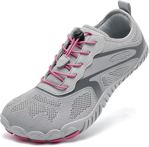 HOBIBEAR Unisex Barefoot Shoes Womens Trail Running Shoes Mens Wide Toe Minimalist Trainers Lightweight Grounding Shoes Comfortable Flexible Knit Work Out Shoes for Hiking Fitness Walking Grey Pink