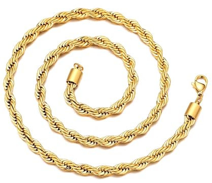 Philip Jones Men's 5mm Gold Plated Steel 24 Inch Round Rope Wheat Chain Necklace