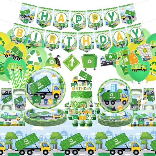 Obussgar Trash Truck Geburtstag Party Dekorationen - Müllwagen Party Zubehör einschließlich Banner, Teller, Cake Topper, Tasse, Serviette, Ballon, Tischdecke - servier 20 (LQ)