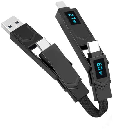 Pixelure 4in1 Cavo di Ricarica Rapida con Display a LED, Cavo Dati Multifunzione di Ligtning e USB C, Portachiavi con Cavo USB Type-c, Cavetto Universale Cellulare