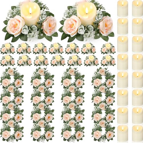 Yunlly 16 Set Rose Candle Rings Wreaths 3 Inch Center with Flameless LED Candles Artificial Rose Light Garland Fake Electric Votive Tealights Bulk Funeral Wedding Table Centerpieces Decor(Champagne)