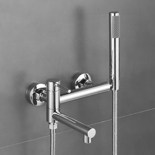 RWDAMPUW Miscelatore per Vasca/Doccia a Parete Cromato con Comando monocomando Girevole a 90°, Set Completo con soffione e Flessibile, Ideale per bagni Moderni.