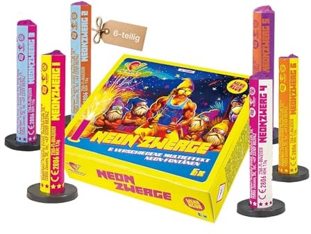 vama Feuerwerk Fontänen Set Neon Zwerge – 6-teiliges Jugendfeuerwerk mit bunten Neonsternen & Multi-Effekten – kleine Fontänen für Geburtstag, Party & Silvester