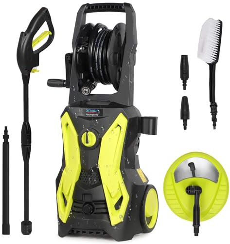 Pressure Washers 2000W 150Bar 450L/H Jet Washers Pressure Washers with Adjustable Nozzle&Turbo Nozzle,Power Washer with Patio Cleaner,Hose Reel for Fences,Driveways and Car.