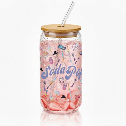 XIAZHDZ Anime Glasbecher 500ml mit Bambusdeckel & Glasstrohhalm – Ästhetisches Trinkglas im Soda Pop Design – Anime Merch Geschenk