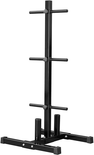 Yaheetech Weight Plate Rack, Plate Storage Rack for Home Gym Max Load 400kg | Space-Saving Fitness Plate Tree, Equipped with 2 Barbell Bar Holders, Compatible with 2.5cm/1” Weight Plates