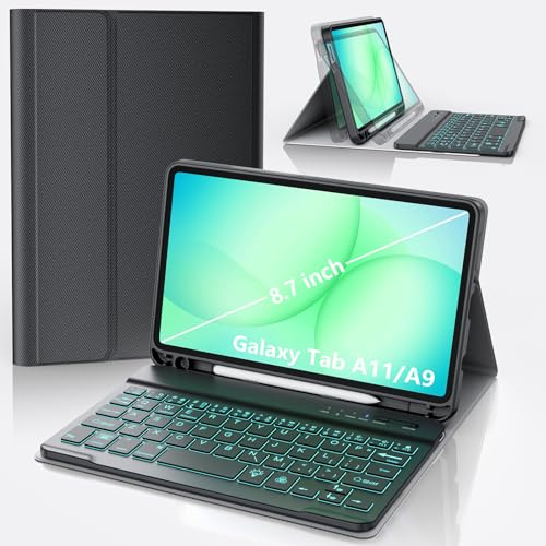 Funda de teclado para Samsung Galaxy Tab A9/A11 de 8.7 pulgadas SM-X210/X216/X218 2023, funda retroiluminada de 7 colores con teclado para tablet A9 5G, teclado Bluetooth desmontable magnético con