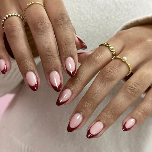 Almond Press on Nails - 24PCS Red French Tip False Nails - Soft Gel Almond False Nails with Glue - Medium Length Glossy Stick on Nails for Women, 12 Sizes