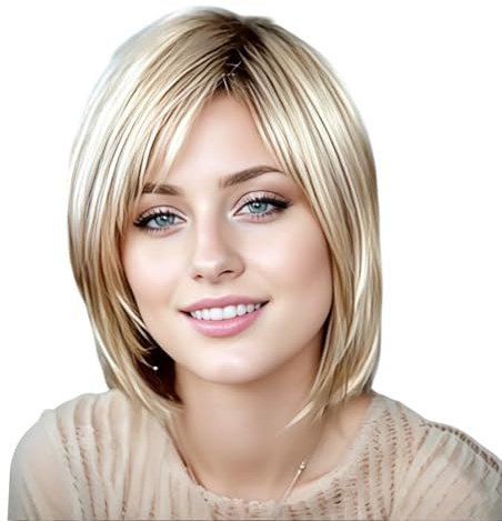 Perücke Blond Kurz Bob Perücke Damen, mit Pony, Lockiges Design, Gradient Hellblond, Texturierter Bob, Glattes Synthetichaar, 10 Zoll, für Erwachsene Damen
