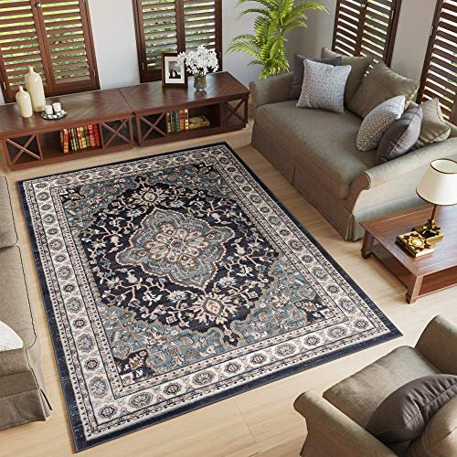 TAPISO Colorado Teppich Wohnzimmer Klassisch Kurzflor Schwarz Blau Creme Floral Medaillon Ornament Muster Orientteppich ÖKOTEX 140 x 200 cm