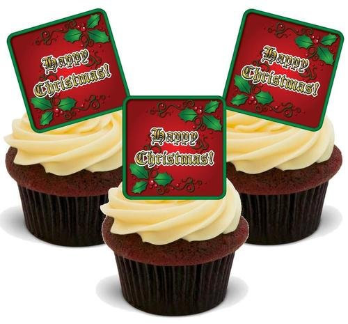WEIHNACHTEN ROTE STECHPALME ENTWURF - 12 essbare hochwertige stehende Waffeln Kuchen Toppers - Christmas Xmas Red Holly Design