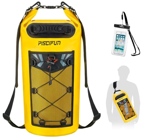 Piscifun Wasserdicht Dry Bag Rucksack Schwimm Dry Rucksack für Wassersport - Angeln Segeln Kajak Surfen Rafting Camping Geschenke für Männer und Frauen, die frei wasserdichte Schutztasche Gelb 30L