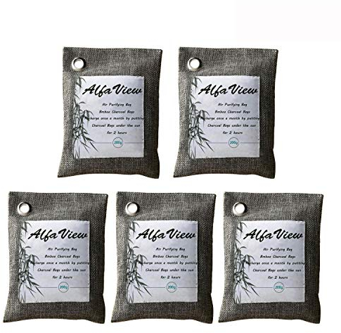AlfaView Sac Purificateur d'air 200g Naturel et sans Odeur au Charbon de Bambou Elimine Les Odeurs des Voitures Désodorisant au Charbon de Bambou Actif Absorbeur d'Odeurs et d'Humidité(5 x Pack)