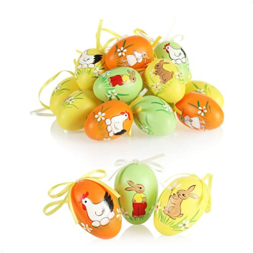 com-four® 18x Ostereier zum Aufhängen 6 cm - Osterdeko mit tollen Motiven - Deko Ostereier - Hängedeko für den Osterstrauß (Hase/Huhn - 01)