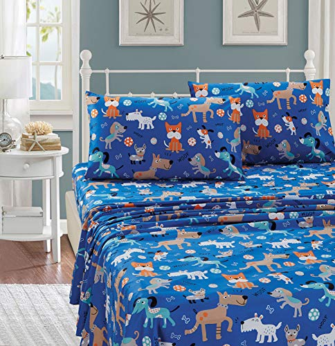 Better Home Style - Lenzuolo blu per bambini e ragazzi, con scritta in inglese Woof Wagging Dogs cuccioli e cuccioli, include federe piatte e lenzuolo con angoli # Blue Dog, Coppia