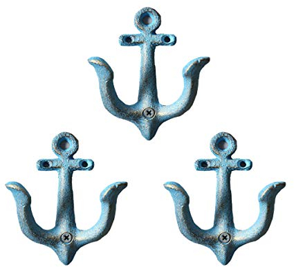 TentHome 3er-Set Maritime Dekoration Garderobe Antik Gusseisen Wandhaken Kleiderhaken Garderobenhaken Anker Doppelhaken Wandgarderobe Vintage Garten Haken,Antik Blau