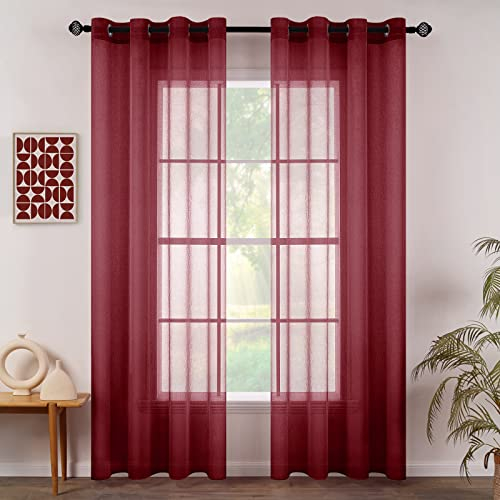 MIULEE Sheer Voile Vorhang mit Ösen Transparente Gardine Ösenvorhang Ösenschal Transparent Durchsichtig Luftig Dekoschal für Schlafzimmer Wohnzimmer 140x160 cm (B x H) 2er Set Rot