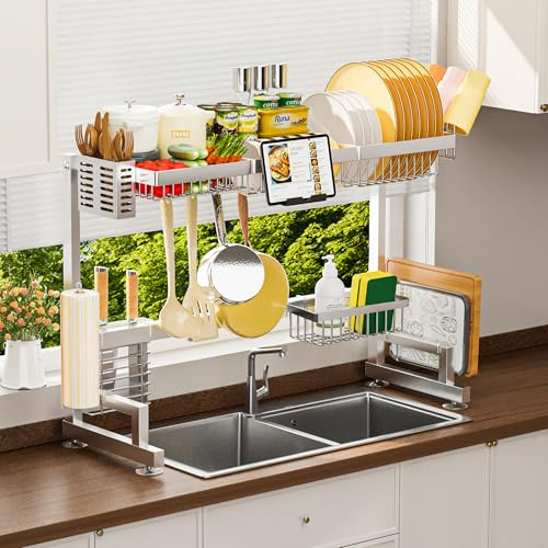 ADBIU 【Passend für Spülbecken 61 cm,83.8 cm L 2023 Version über der Spüle Abtropfgestell (erweiterbare Maße) Snap-On-Design, großes Küchenregal, Edelstahl-Theken-Organisation und Aufbewahrung