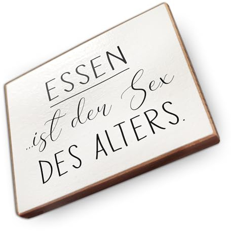 Kühlschrankmagnet mit Spruch - E - Handmade aus Buchenholz - Magnet für Kühlschrank Süß Witzig Lustig - Küchen Kühlschrank Deko 6.5cm x 5cm - Geschenk-Idee (Essen ist der Sex des Alters)