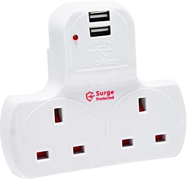 Innoteck 2 Way Plug Extension Socket with Surge Protection and Neon Indicator - Includes 2 USB Slots - 1 Amp USB Charging Current - Compact & Lightweight - 13A Fused UK Plug Power Socket - White