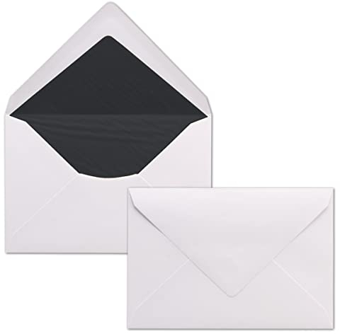 50x DIN C6 Trauer Briefumschläge - Weiß mit schwarzem Seidenfutter - 11,4 x 16,2 cm - 100 Gramm pro m² - für Kondolenz, Beerdigung, Trauerkarten