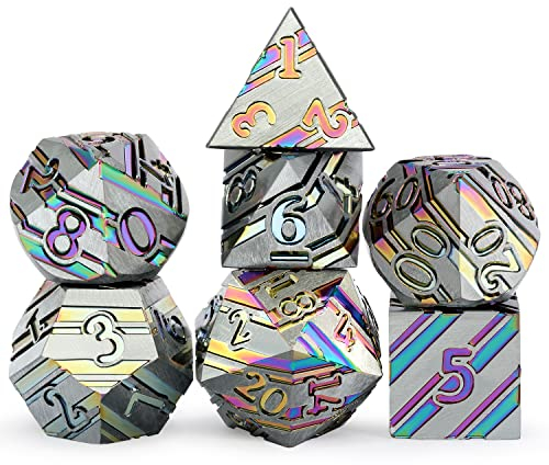 DNDND Regenbogen-Streifen-DND-Metallwürfel-Set, 7-teilig, Zinklegierung, D&D-Würfel-Set mit Geschenketui für Dungeons and Dragons D&D (Regenbogen)