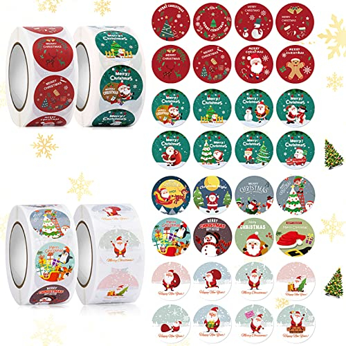 Miioto 2000 Stück Weihnachtsaufkleber Rund, Christmas Stickers, Geschenkaufkleber Weihnachten Retro Rund Sticker Rolle für Papiertüten Umschläge Flaschen und Namensaufkleber Verwendet (4 Rolle)