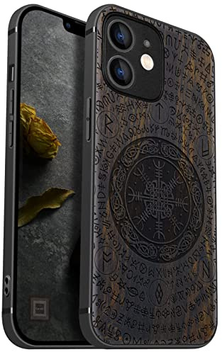 Carveit Holz Hülle für iPhone 12 mini, Dunklesholz-Das Vegvissir Viking | Cover kompatibel MagSafe [Holz und TPU Silikon Hybrid Hull] Magnetisch Case für iPhone 12 mini Handyhülle