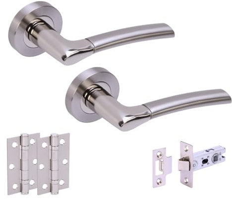 HANDLEZONE® Ursa Internal Door Handle Latch Pack, Complete with Lever On Round Rose Handles, 76mm Latch, 75mm Ball Bearing Hinges - Dual Finish Polished/Satin Nickel