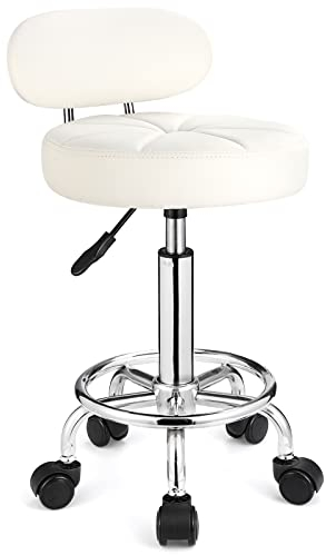 FNZIR Tabouret pivotant à roulettes réglable en Hauteur avec Dossier Blanc