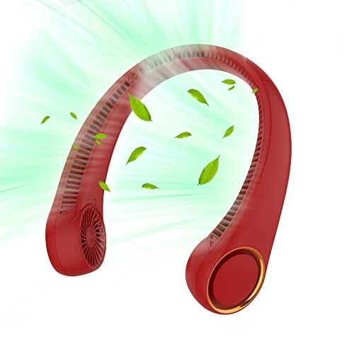 Portable 360 Personal Fan, Hands Free Bladeless - Wearable Quiet Fan for Outdoor Indoor, Birthday Gifts for Men, Women, Mom, Dad - 4000mAh Battery USB Rechargeable, 3-Speeds (Red)