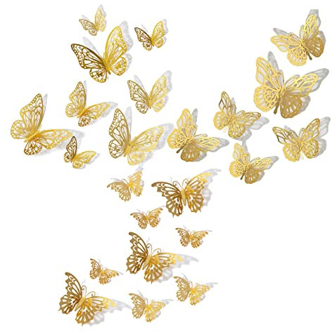 72PCS 3D Gold Butterfly Wall Decor, 3 Styles 3 Sizes, Removable Butterfly Wall Stickers Decorations for Room, Party, Birthday, Wedding, Cakes, DIY Gift
